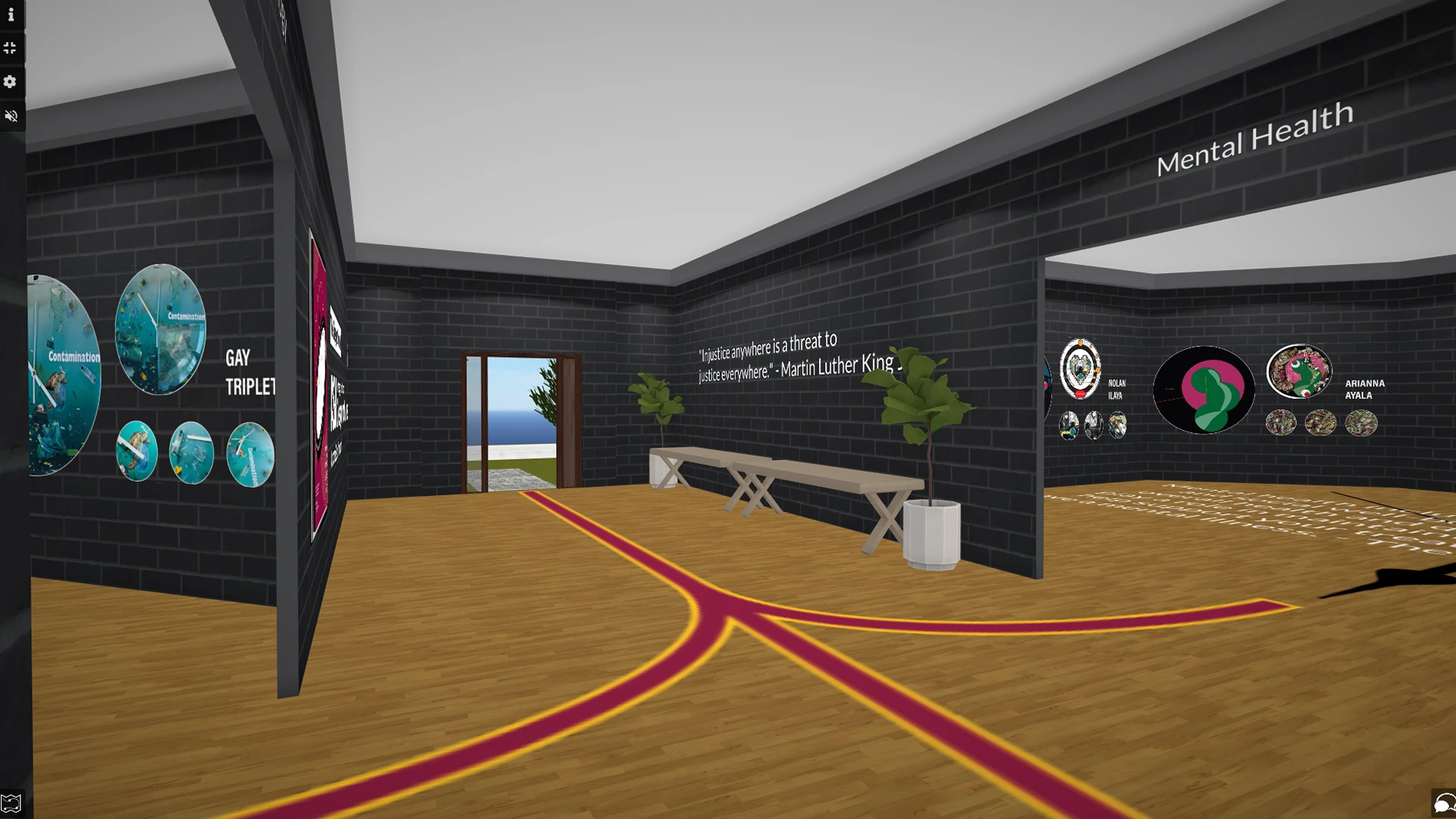 Screenshot of the welcome sign next to a three-dimensional exhibit building entrance