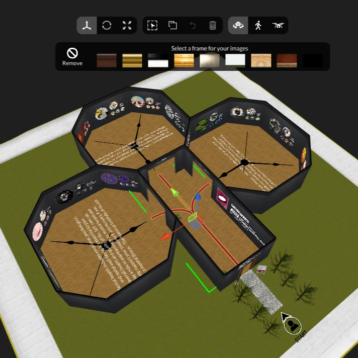 Plane view of a three-dimensional exhibit building with three octagonal rooms
