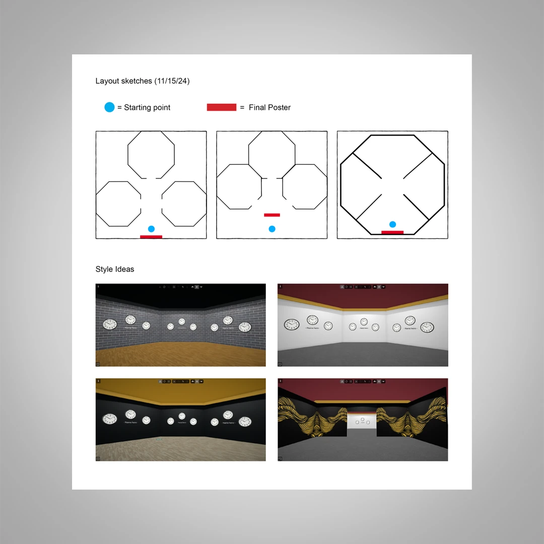 Document showing three building sketches in plane view, alongside various wall and floor color combinations