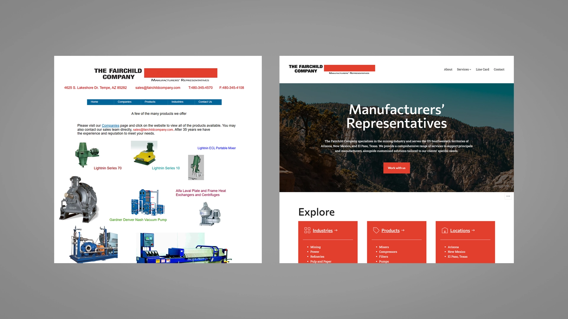 Screenshot of two website home pages shown side by side. On the left is an outdated design, and on the right is the improved version