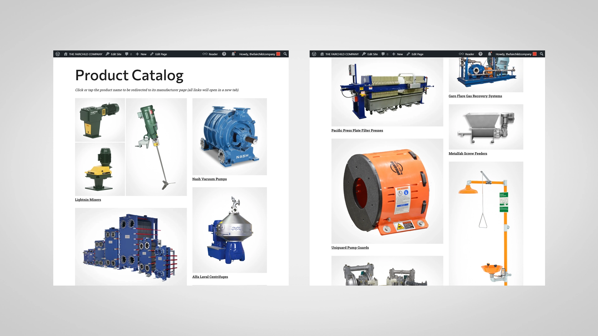 Screenshot of a webpage titled: Product Catalog. Many images of manufacturing equipment are shown