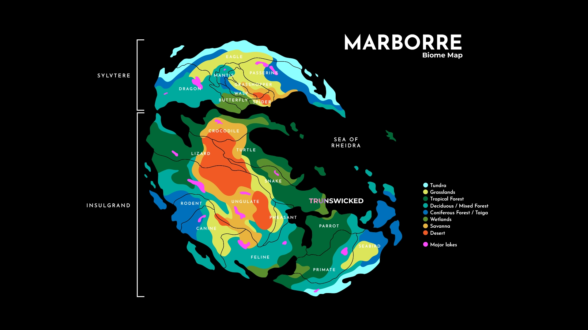 Screenshot of a colorful fictional world map showing different biomes, with a color key shown to the right