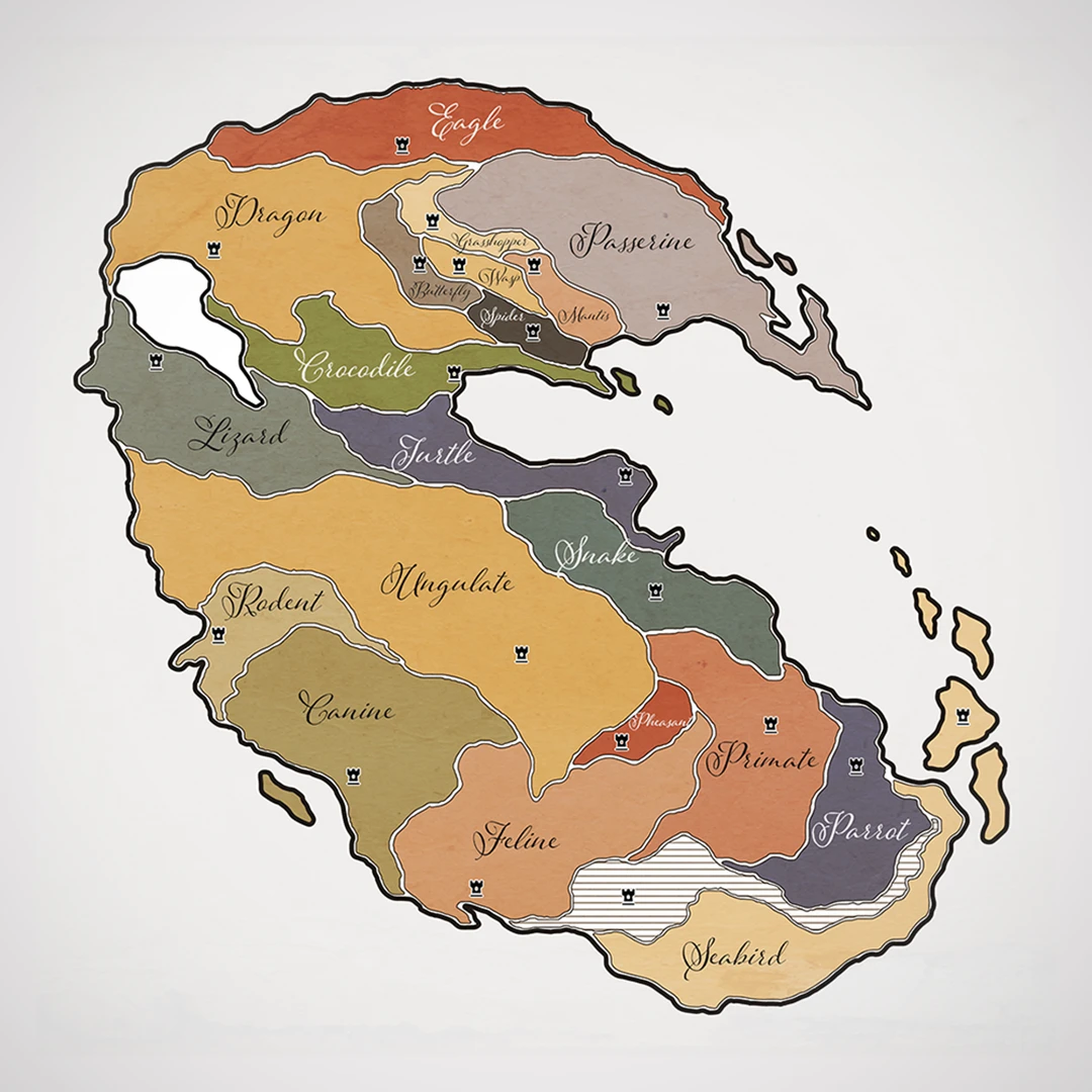 Screenshot of a colorful fictional world map