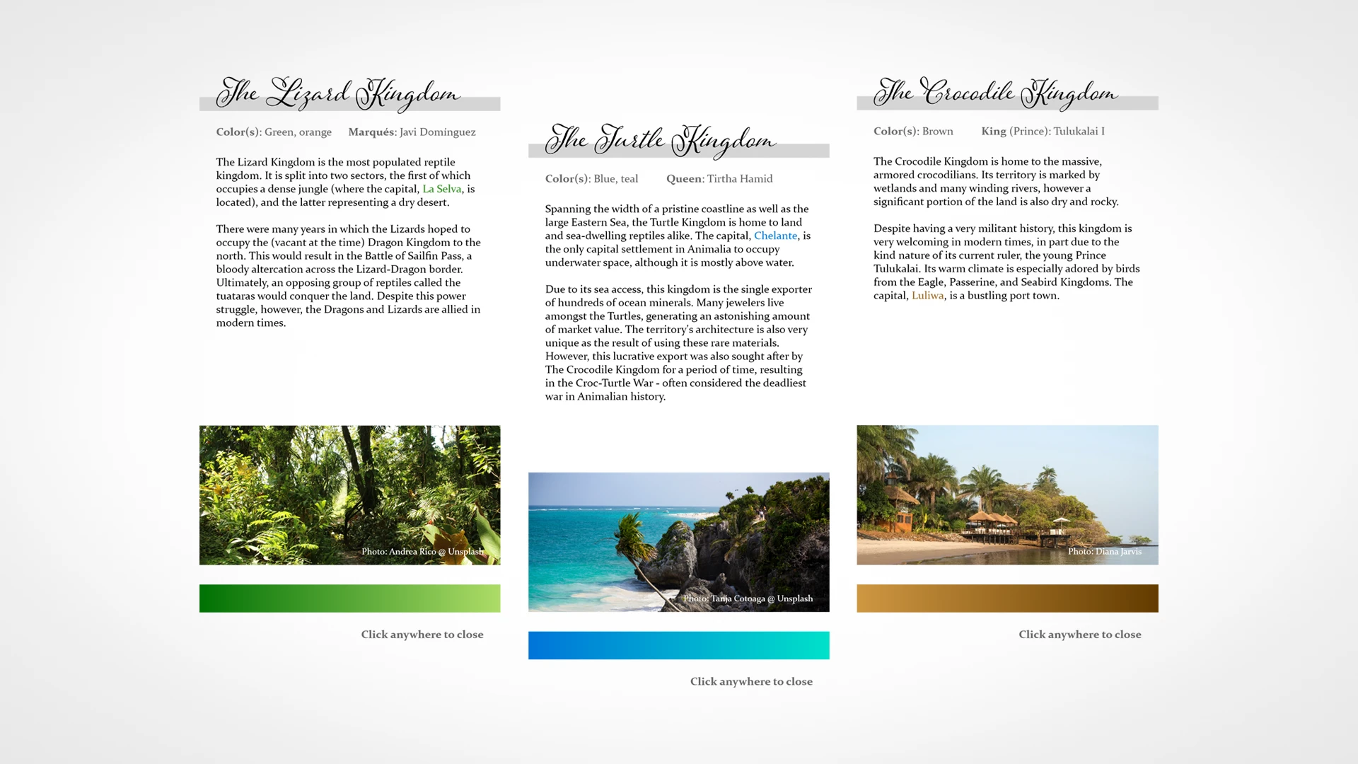 Text descriptions of three different locations, separated by images of a jungle, beach, and oceanside house