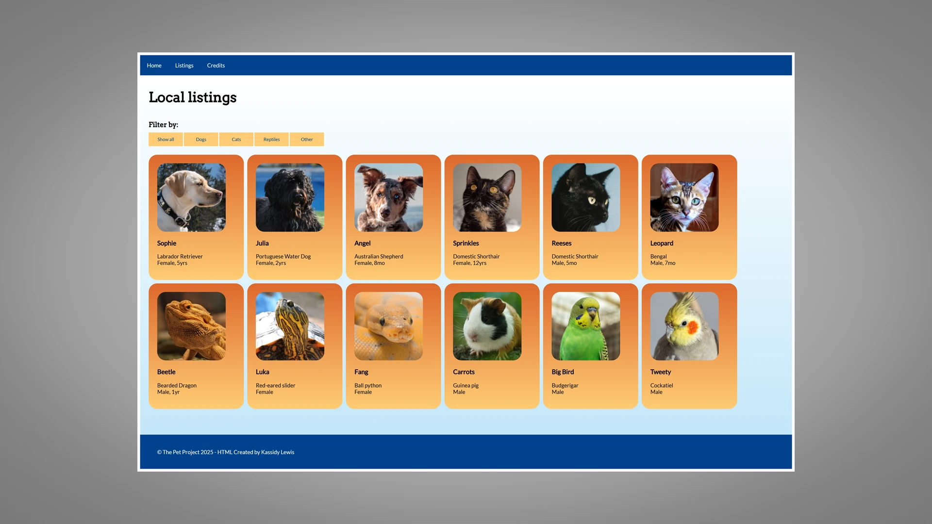 Screenshot of a webpage that displays a grid of pet listings