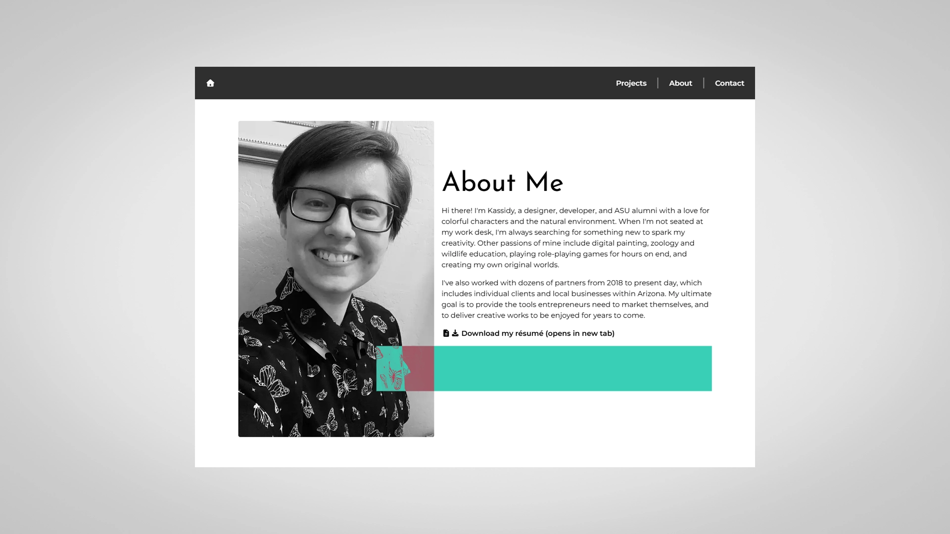 Screenshot of a webpage titled: About Me. A black-and-white portrait of Kassidy Lewis is shown to the left