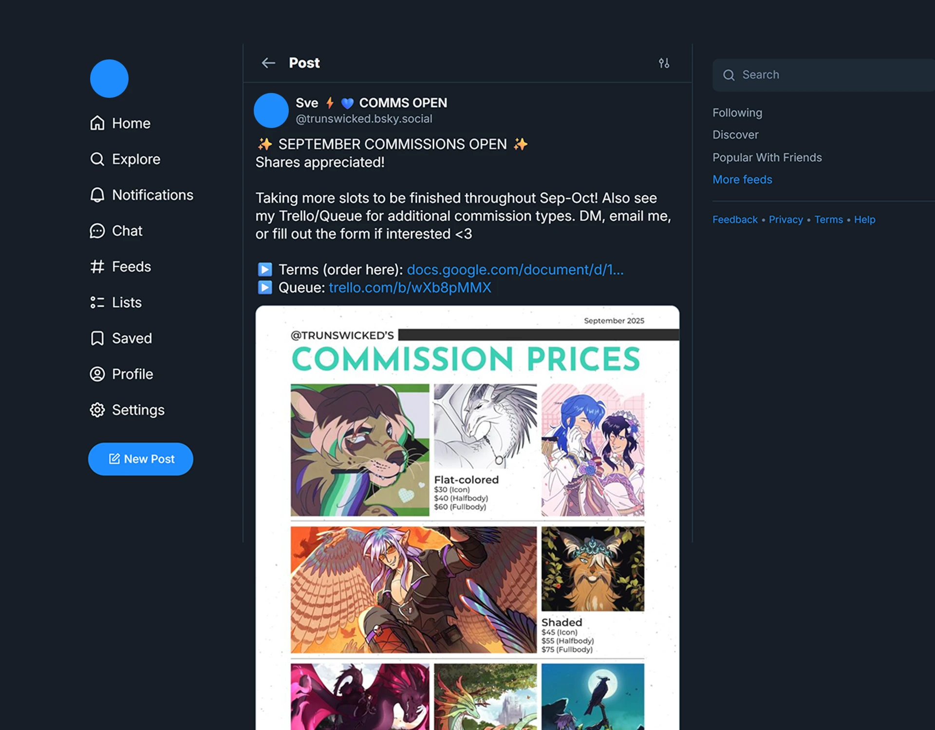 Screenshot of a Bluesky post titled: September Commissions Open