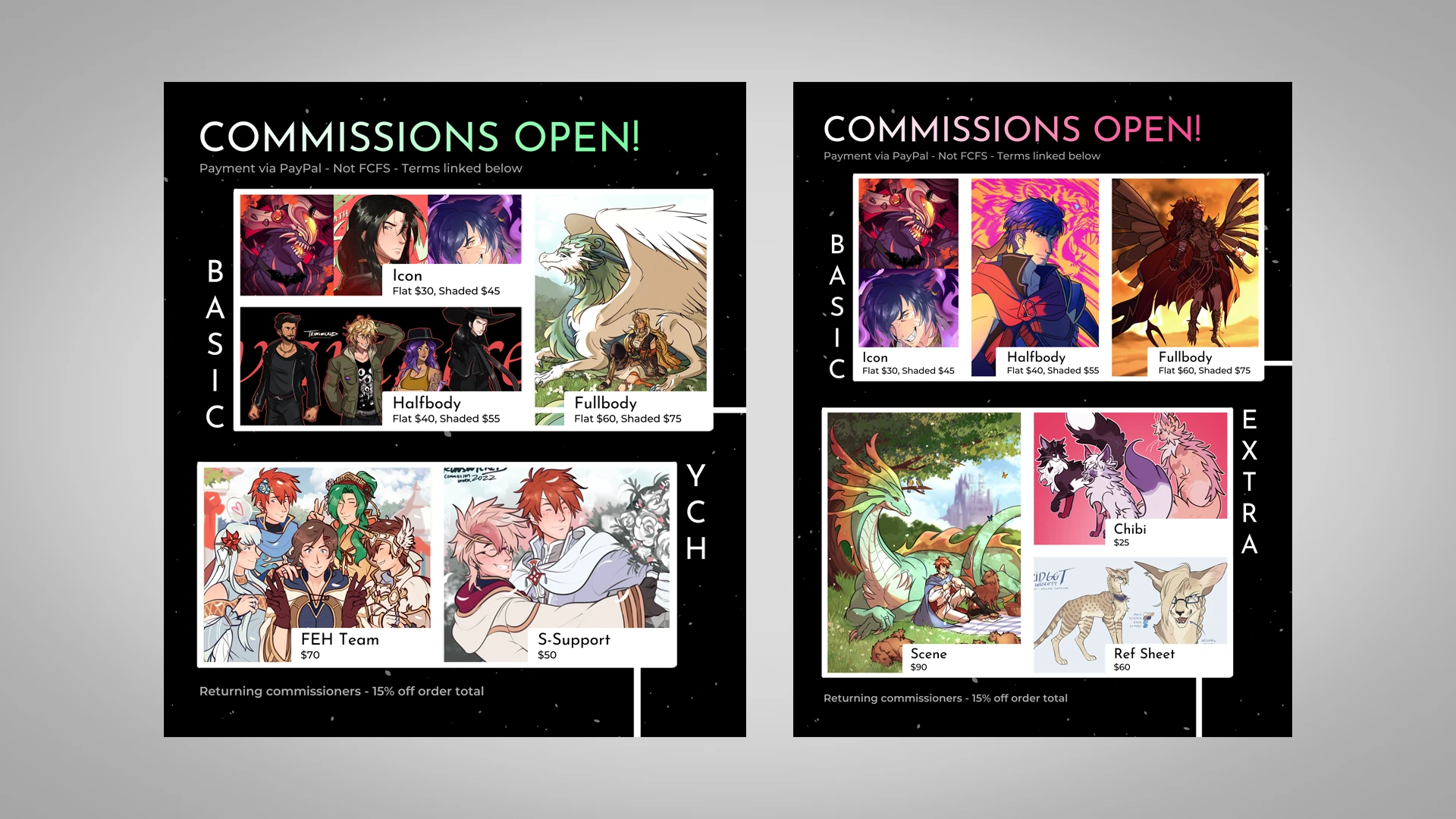 Two social media graphics titled 'Commissions Open' shown side-by-side
