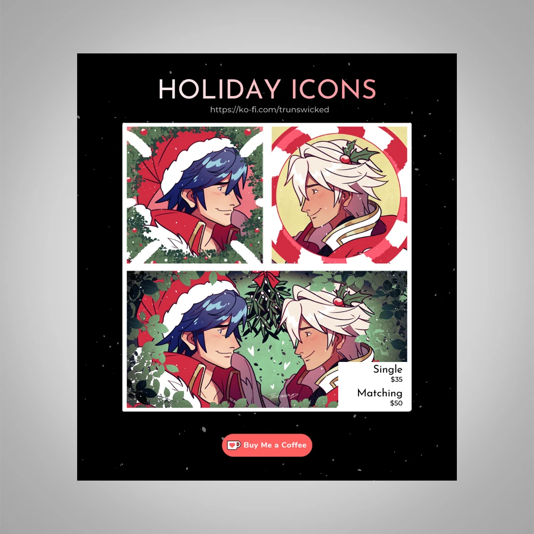 Social media graphic titled 'Holiday Icons' with two anime characters in Christmas outfits smiling at each other