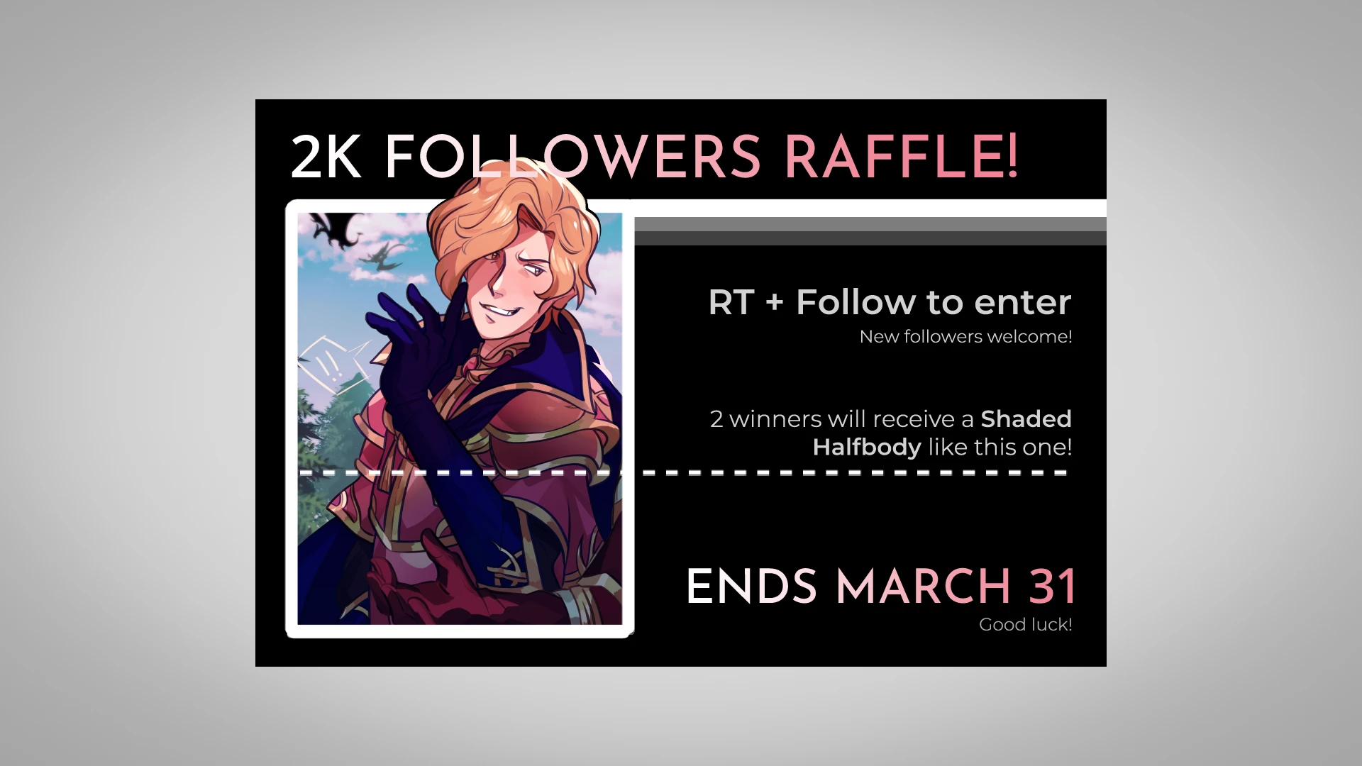 Social media graphic titled 'Raffle' with the photo of a smirking anime character
