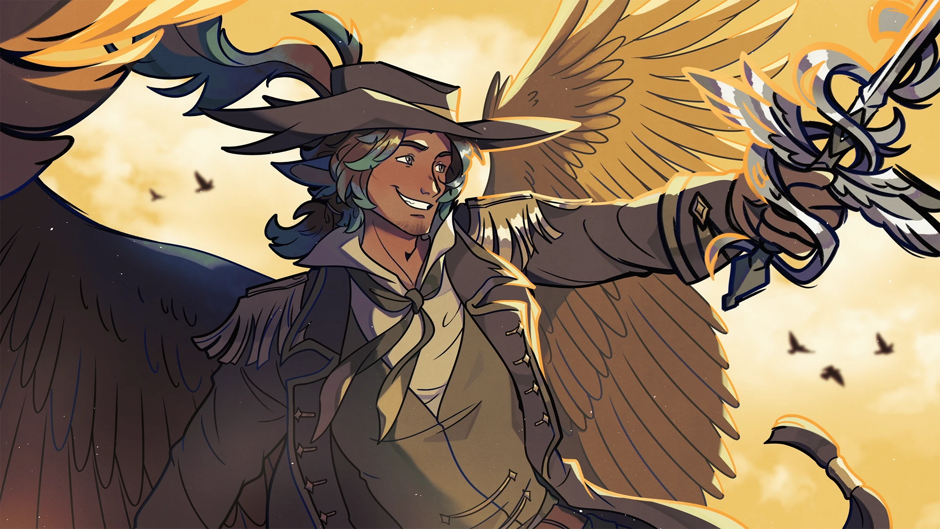 Illustration of a winged character flying and raising a sword