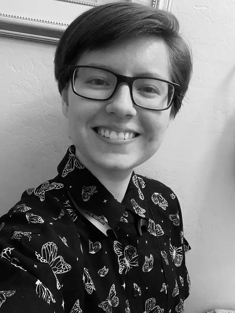 Black-and-white portrait of Kassidy Lewis